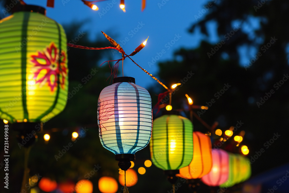Fototapeta premium Bright Festive chinese Lanterns Strung Up in the Evening
