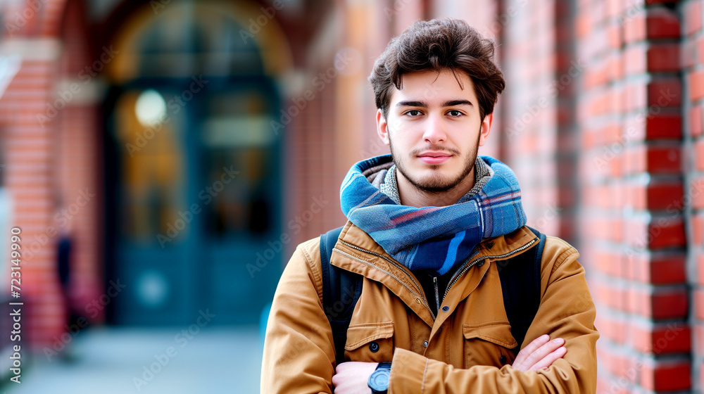 Student with backpack near college and looking at camera.