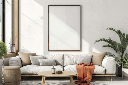 Frame mockup with ISO A paper size, showcasing a living room wall poster mockup against a modern interior design background, presented in a 3D render.