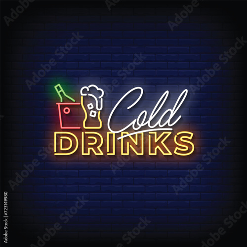 Neon Sign cold drinks with brick wall background vector