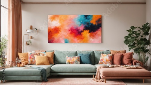 cheerful and happy mood living room idea of home decor design with colorful abstract painting art wall hanging picture