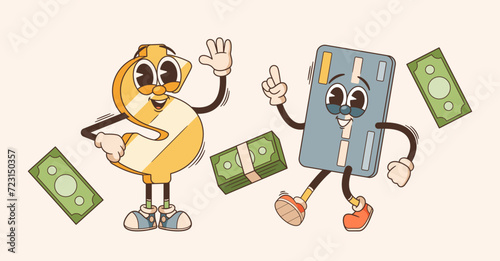 Retro Cartoon Groovy Financial Characters. Funky Dollar Sign With Psychedelic Vibes Waving Hand, And Credit Card