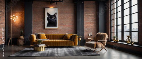 Luxury modern living room interior in loft style with high ceilings and large windows, brick wall, sofa on the carpet with gold, fur, velvet decoration photo