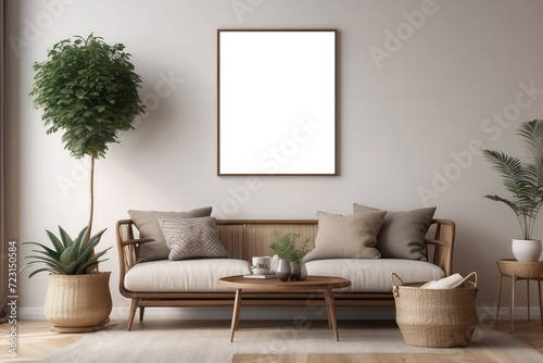 Modern composition of living room interior with brown mock up poster frame, design retro commode, sofa, bookstand, rattan basket with plant and elegant accessories © Dhiandra