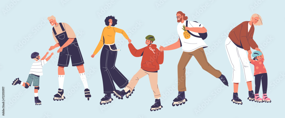 Family Characters Parents and Kids Joyfully Glide Together On Roller Skates. People Weaving Through The Rink
