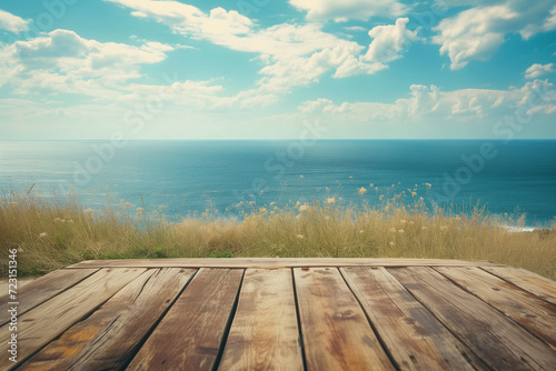 Wooden Tabletop With Ocean Backdrop