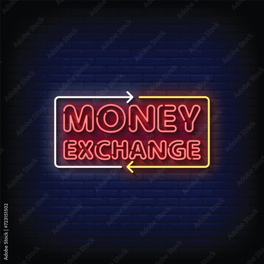Obraz premium Neon Sign money exchange with brick wall background vector