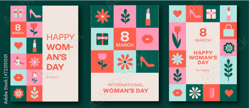 Set of 3 postcards for internationam woman day. Vector illustration. flowers, spring, giftbox, shoes, lipstick, social media. march 8
