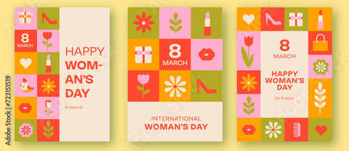 Set of 3 postcards for internationam woman day. Vector illustration. flowers, spring, giftbox, shoes, lipstick, social media. march 8