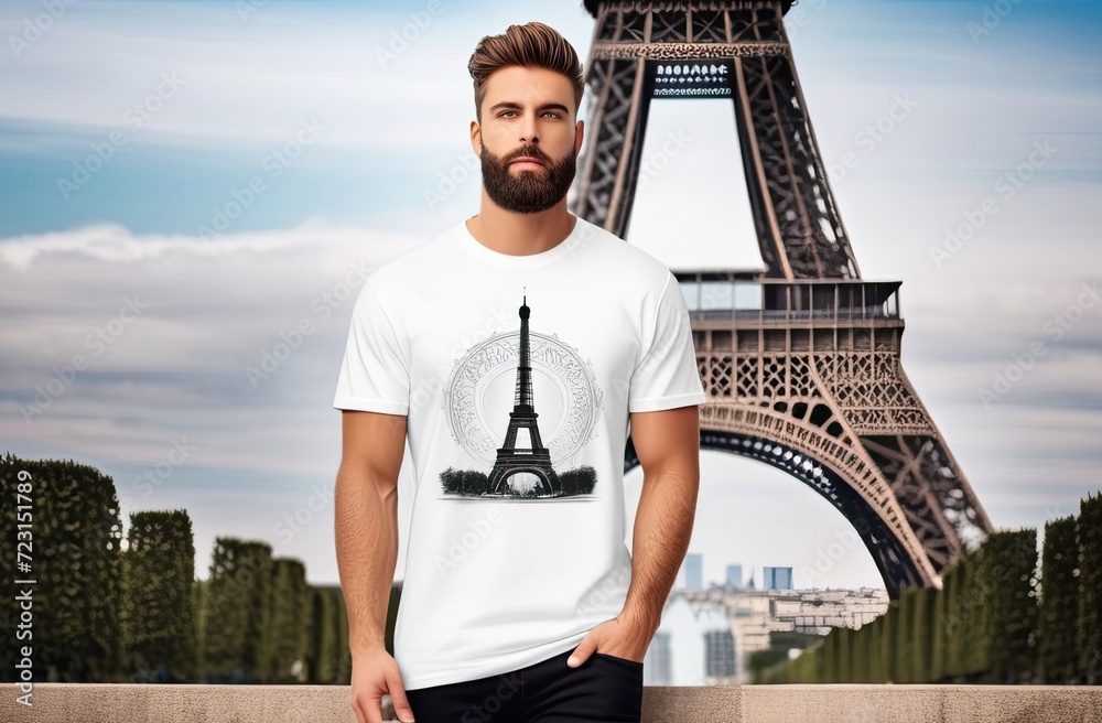 The Eiffel Tower is drawn on a white T-shirt, a T-shirt with a drawn Eiffel Tower is worn by a young man with a beard, the man stands on a blurred background of the Eiffel Tower