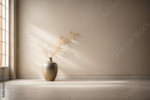 empty Interior background of room with stucco wall and vase with branch