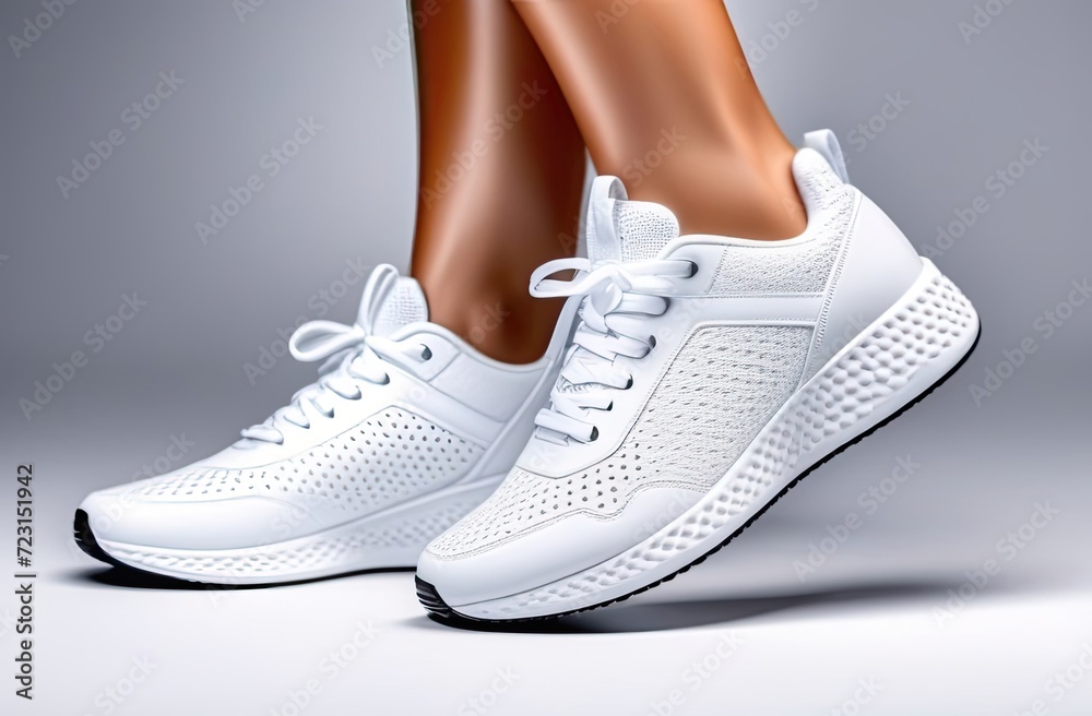 Feet in close-up in exercise white sneakers Feet in close-up in exercise white sneakers