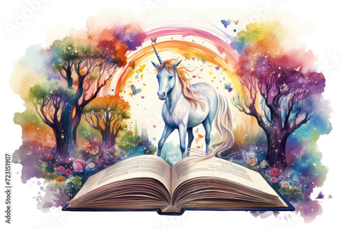 open book fairy tale magical unicorn watercolor design