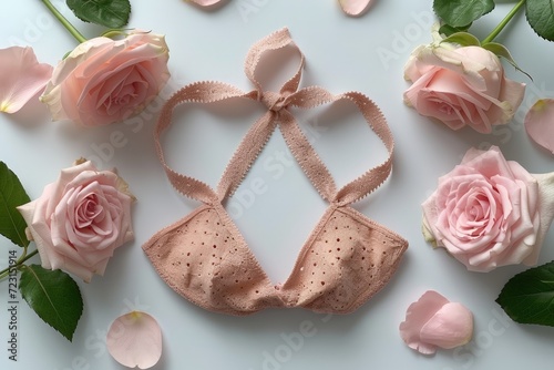 Flat lay woman fashion accessories, bouquet of roses and pions, shoes, bra or bralette
 photo