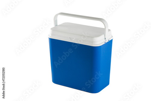 Closed blue plastic cooler isolated on white background