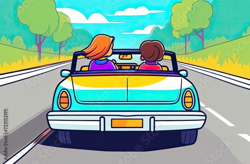two young girls in an open-top car, the car is driving along the road, the girls are looking at the map of the area, travel, vacation