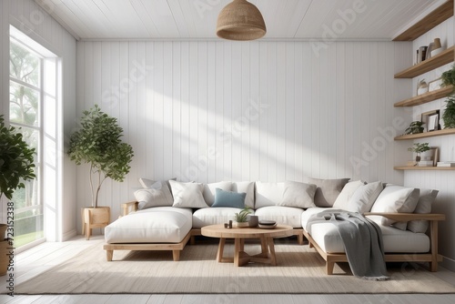 White wood shiplap home showcase interior sitting area