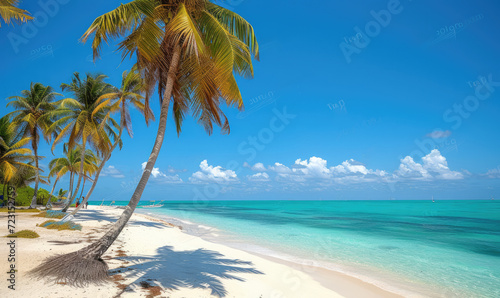 Beautiful tranquil empty bright white paradise sand beach   palm trees  and  turquoise water in Zanzibar