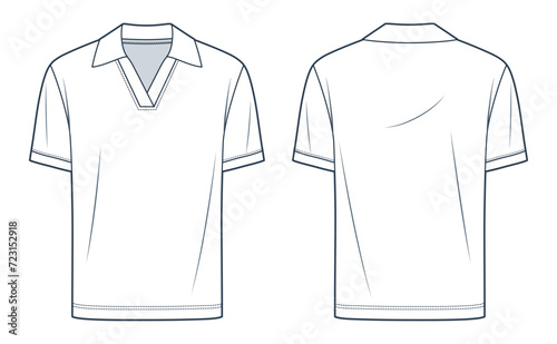 Polo Shirt technical fashion illustration. Short Sleeve Polo Shirt fashion flat technical drawing template, v neck, polo collar, regular fit, front, back view, white, women, men, unisex CAD mockup.