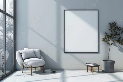 Frame mockup with ISO A paper size, showcasing a living room wall poster mockup against a modern interior design background, presented in a 3D render.