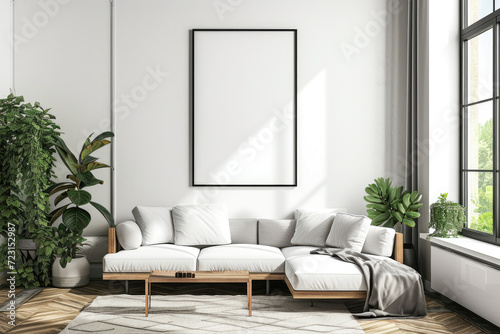 Frame mockup with ISO A paper size, showcasing a living room wall poster mockup against a modern interior design background, presented in a 3D render.