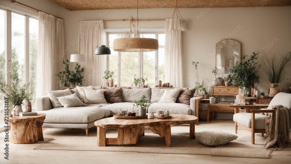 Interior of a beige living room decorated in a Scandinavian farmhouse style with natural wood furnishings,Modern luxury living room , Modern interior living room design