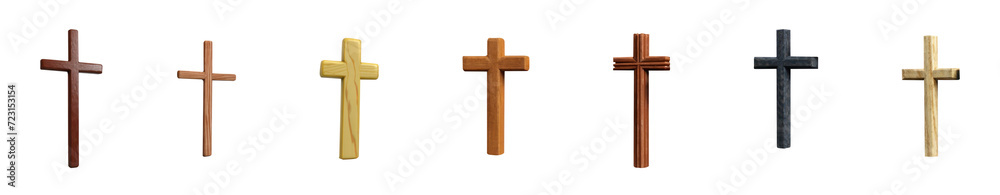 Premium Cutout Wooden Crosses: Various Shapes, Colors, and Styles Depicting the Crucifixion, Transparent Background PNG for Religious Symbolism
