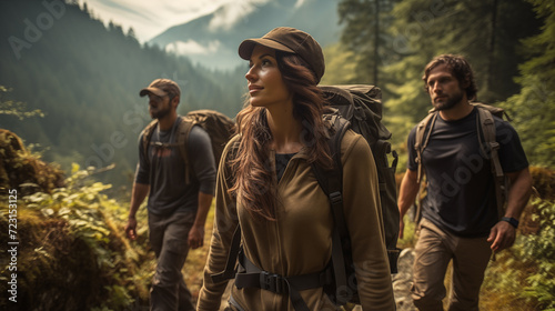 A candid photo of a family and friends hiking together in the mountains in the vacation trip week. sweaty walking in the beautiful american forest 