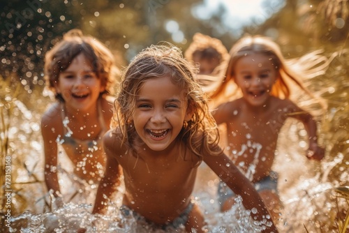 Kids spending time together outdoors and playing iin the water enjoying childhood
 photo