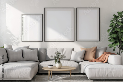 Frame mockup with ISO A paper size, showcasing a living room wall poster mockup against a modern interior design background, presented in a 3D render.