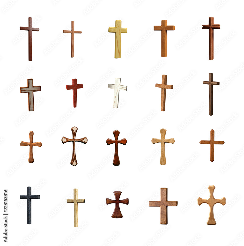 Set of simple wooden Christian cross. Crucifix made of wood. Various shapes, colors and styles. Transparent background PNG. Premium pen tool cutout. Religious symbol of the crucifying of Jesus Christ.