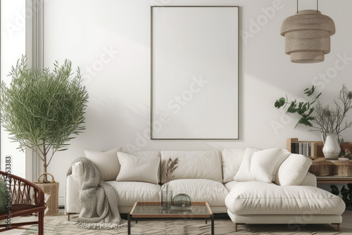 Frame mockup with ISO A paper size, showcasing a living room wall poster mockup against a modern interior design background, presented in a 3D render.