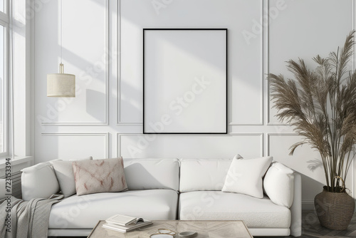Frame mockup with ISO A paper size, showcasing a living room wall poster mockup against a modern interior design background, presented in a 3D render.