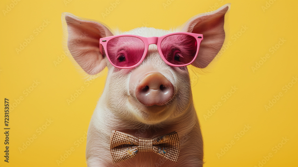 custom made wallpaper toronto digitalcute pig with glasses on a yellow background, funny image of an animal
