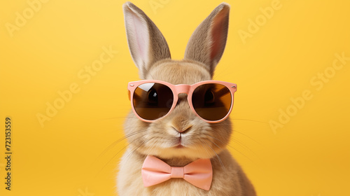 cute bunny wearing pink glasses on a turquoise yellow background with space for text