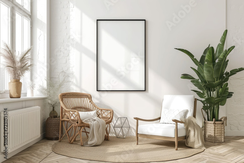 Frame mockup with ISO A paper size, showcasing a living room wall poster mockup against a modern interior design background, presented in a 3D render.