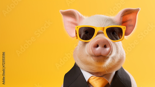 cute pig with glasses on a yellow background, funny image of an animal