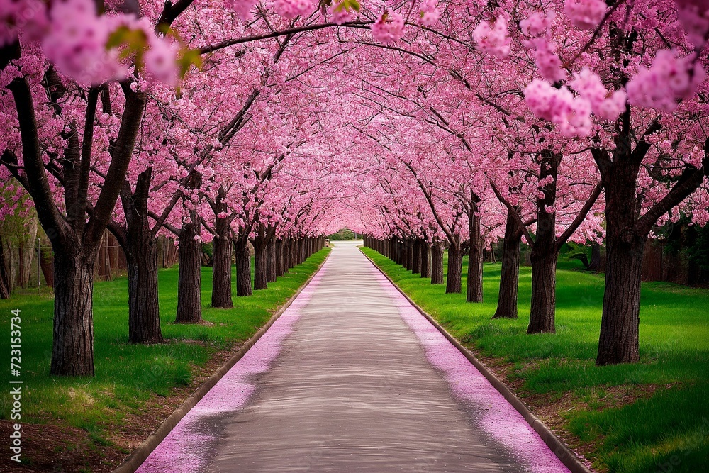 Enchanting Pathway Flanked by Cherry Blossoms