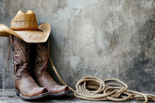Adventure and travel concept with a gray wall adorned with cowboy boots hat and rope photo