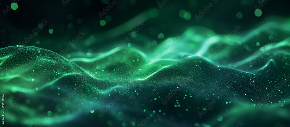 Green neon lines over black background. Streaming energy. Particles moving and leaving glowing tracks
