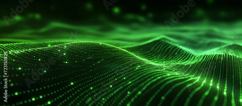 Green neon lines over black background. Streaming energy. Particles moving and leaving glowing tracks