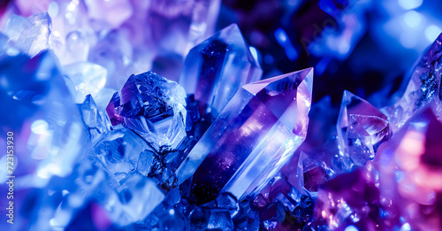 A close-up view of vibrant crystal formations illuminated with shades of blue and purple. The intricate details of the crystal facets are clearly visible, creating a mystical and enchanting atmosphere
