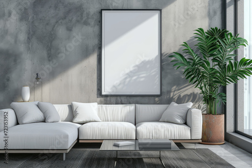 Frame mockup with ISO A paper size, showcasing a living room wall poster mockup against a modern interior design background, presented in a 3D render.