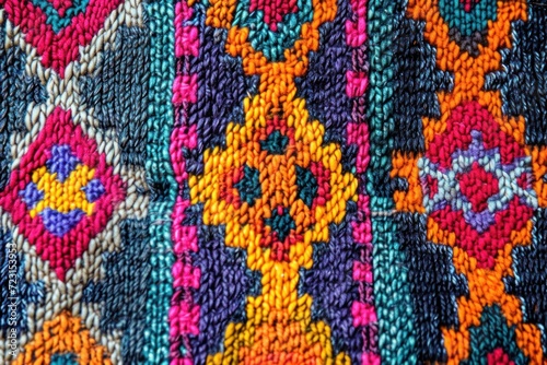 Close up of a vibrant Thai fabric rug with a Peruvian style pattern and beautiful details on a fashionable background