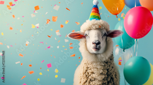 
happy cheerful sheep in a festive triangular cap on his head, next to colorful balloons and confetti on a blue simple background with space for text