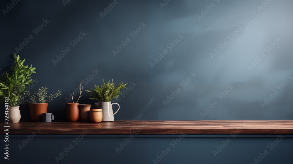 Mockup dark blue wall in kitchen and minimalist interior design