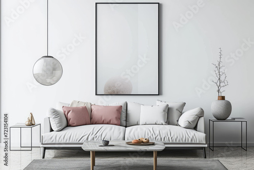 Frame mockup with ISO A paper size, showcasing a living room wall poster mockup against a modern interior design background, presented in a 3D render.