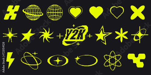 Trendy abstract figures collection of pixel art style. Collection of abstract graphic geometric symbols and objects in y2k style. Retro futuristic elements in 8 bit style
