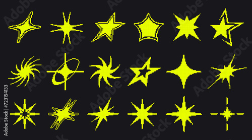 Set of pixel art star shapes in trendy retro style. Trendy Y2K vector signs for banners, social media, poster design. Brutalist geometric shapes. Retro futuristic icons in 8 bit style