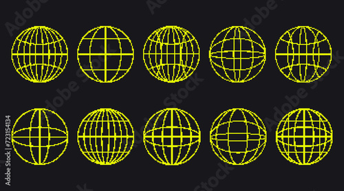 Set of pixel art planets shapes in trendy retro style. Trendy Y2K vector signs for banners, social media, poster design. Brutalist geometric shapes globe. Retro futuristic icons in 8 bit style